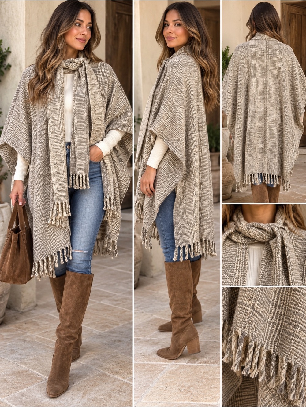 Neutral Beige Woven Poncho Cape